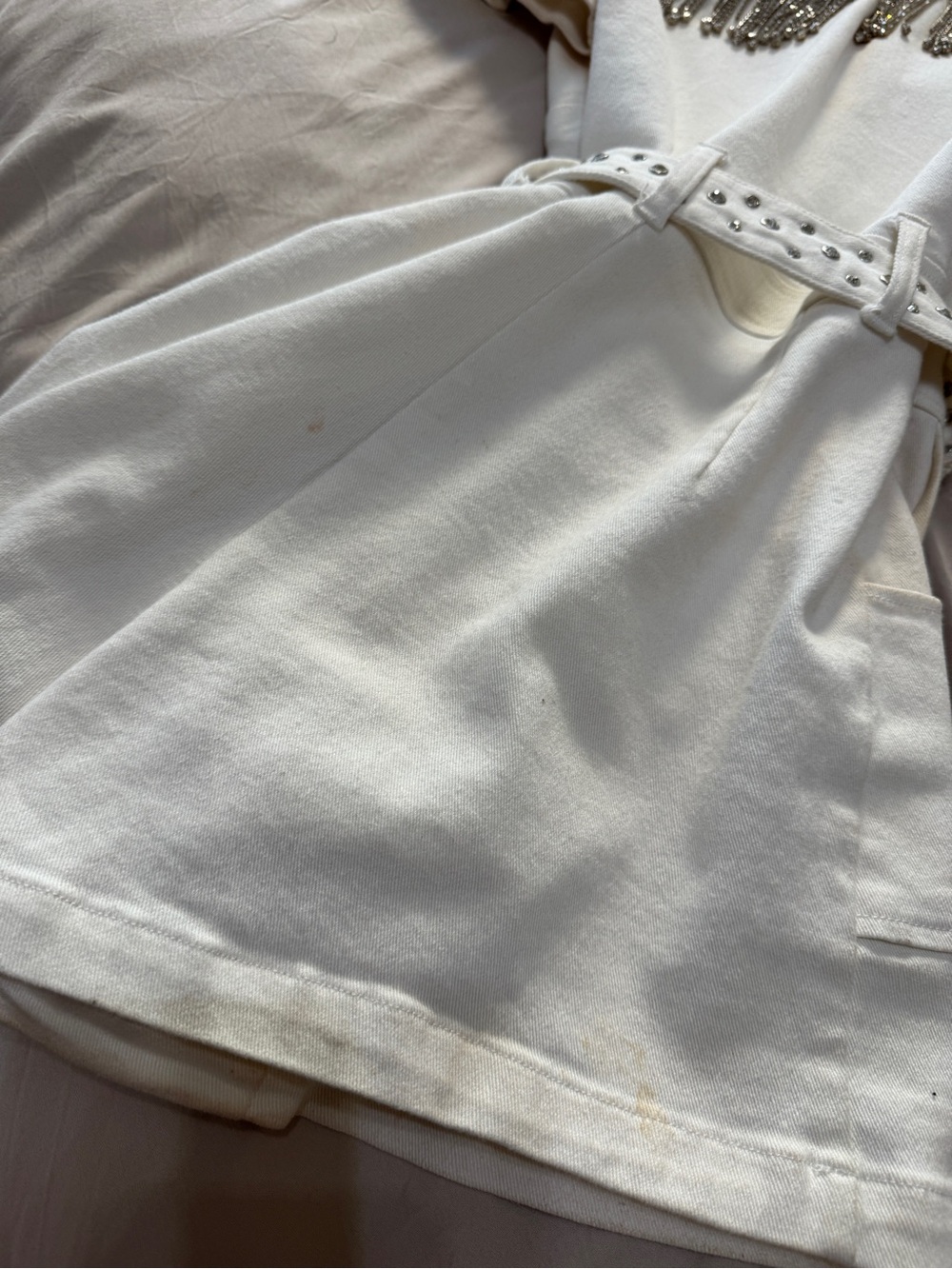 White Short Sleeve Zip-Front Romper with Embellished Belt - Picture 12 of 16
